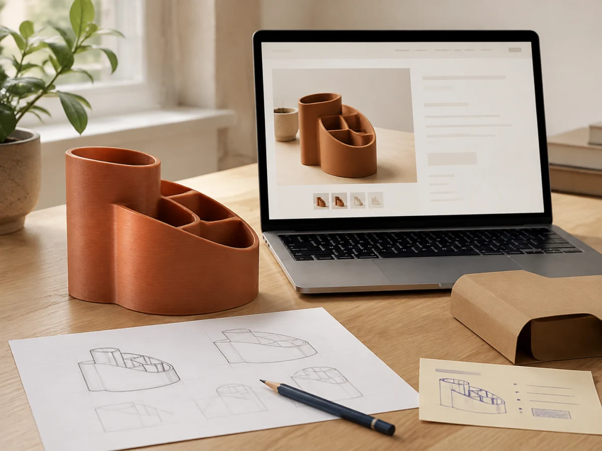 Illustrative still life of a terracotta product prototype, its sketch and a simple product website