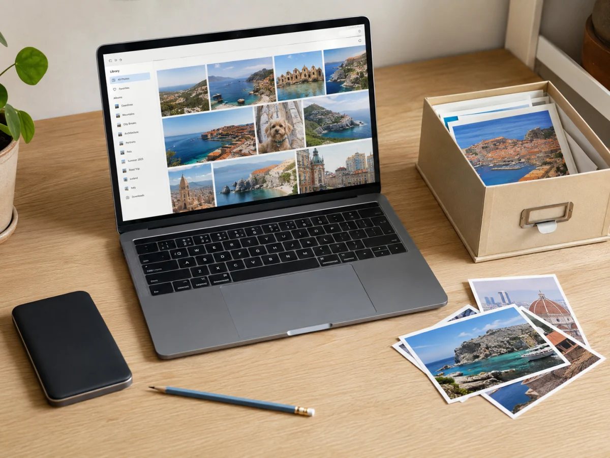Illustrative still life of organised digital photo albums, printed photos and a portable drive